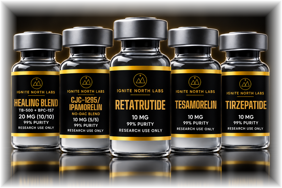Ignite North Labs research peptide vials: Healing Blend, CJC-1295/Ipamorelin, Retatrutide, Tesamorelin, and Tirzepatide